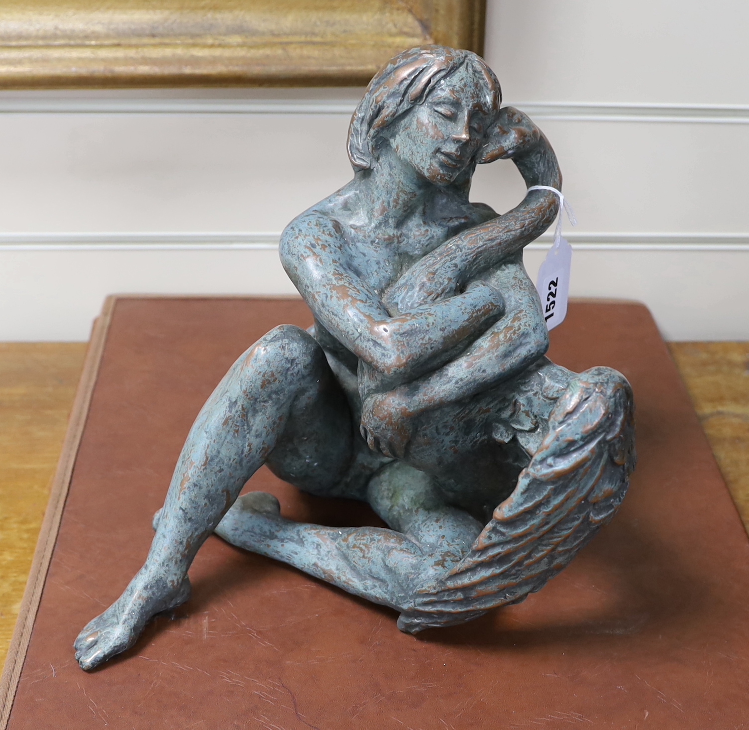 A verdigris coppered design sculpture, Leda and the swan, 18cm high